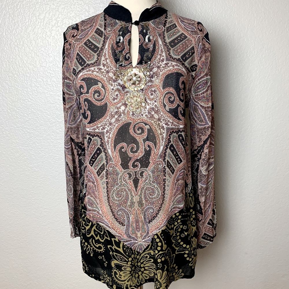 Bliss+Gratitude Blouse Tunic Top Women’s S Long Sleeve Keyhole Sequin Sheer
